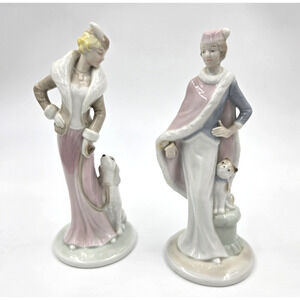 2 Rare Vintage art Gaylord Lady in Pink Dress White Dog Porcelain Figurine
